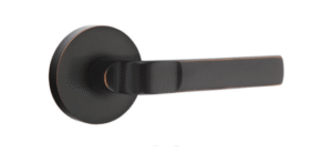 Aston Lever with Disk Rosette in Oil Rubbed Bronze featuring solid brass construction and modern minimalist design