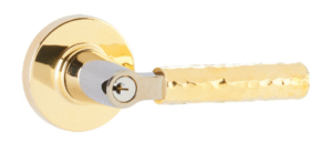 Key In L-Square Stem Hammered Handle with Disk Rosette in Unlacquered Brass and Polished Chrome finish