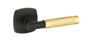 T-Bar Stem with Knurled Handle and Urban Modern Rosette in Flat Black and Satin Brass finish featuring textured cylindrical handle and modern minimalist design