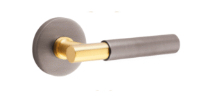 T-Bar Stem with Smooth Handle and Disk Rosette in Satin Brass and Pewter finish featuring dual-tone modern lever design